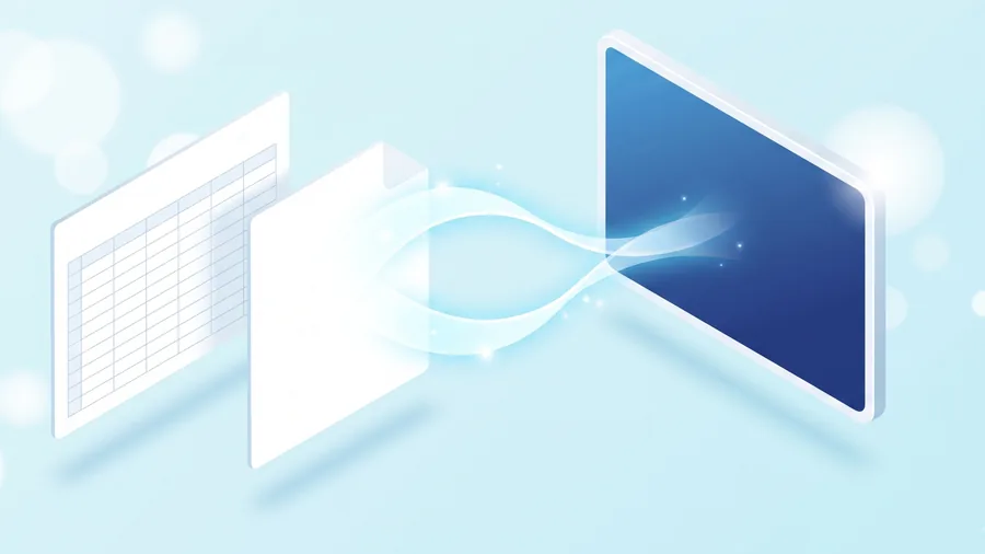 表計算の資料とPDFの資料から光が流れ出し、そのまま画面へ入っていく様子